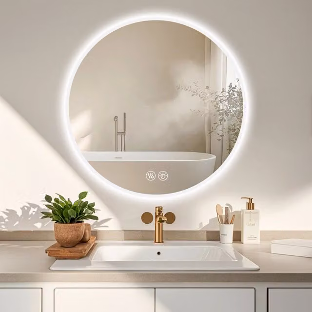 Specchio da bagno rotondo OKWISH con luce LED dimmerabile e funzione antiappannamento, colore argento, Diametro: 70 cm