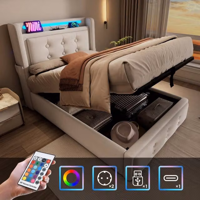 Letto singolo 90x200 cm con testiera LED e USB C, letto idraulico con rete a doghe legno/metallo, portata 150 kg, cotone - Beige (Senza materasso)