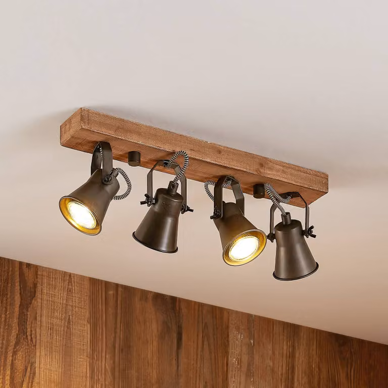 Lindby fatto da soffitto Grandesa, 35 cm, a 4 luci, legno, metallo Grandesa Lindby, dimmerabile, Legno scuro, Soggiorno / Sala da pranzo, Legno, Vintage, Faretto alogeno