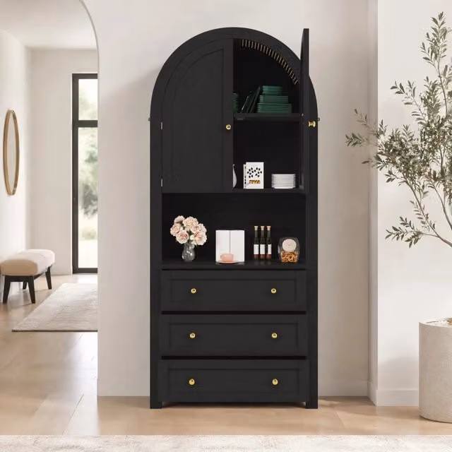 Mobile alto con arco e ante imbottite in MDF nero 70x35x180 cm per cucina e soggiorno