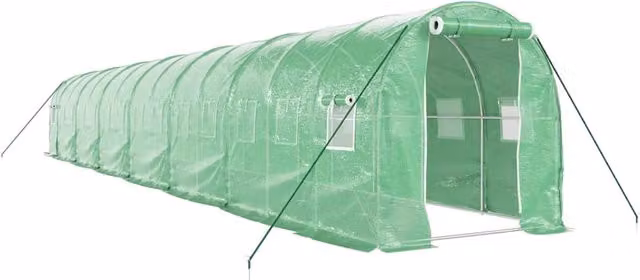 Serra a tenda HELLOSHOP26 verde con struttura in acciaio e plastica per orto e giardino, L: 14 m, P: 2 m, H: 2 m