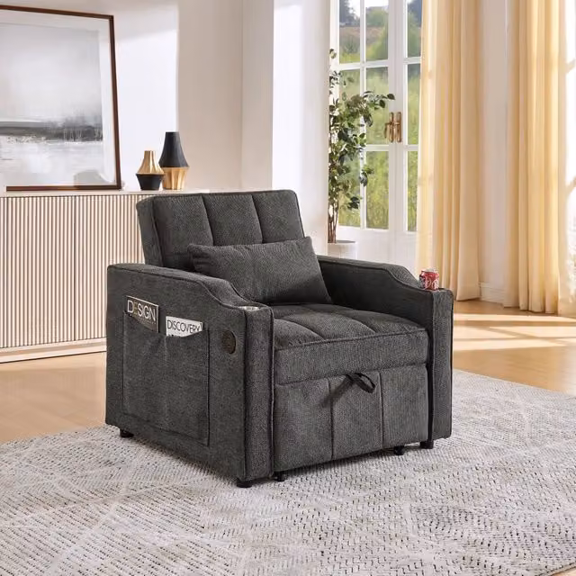 Fauteuil convertible 3 in 1 con funzione letto schienale regolabile a 3 posizioni USB e USB-C in tessuto grigio scuro