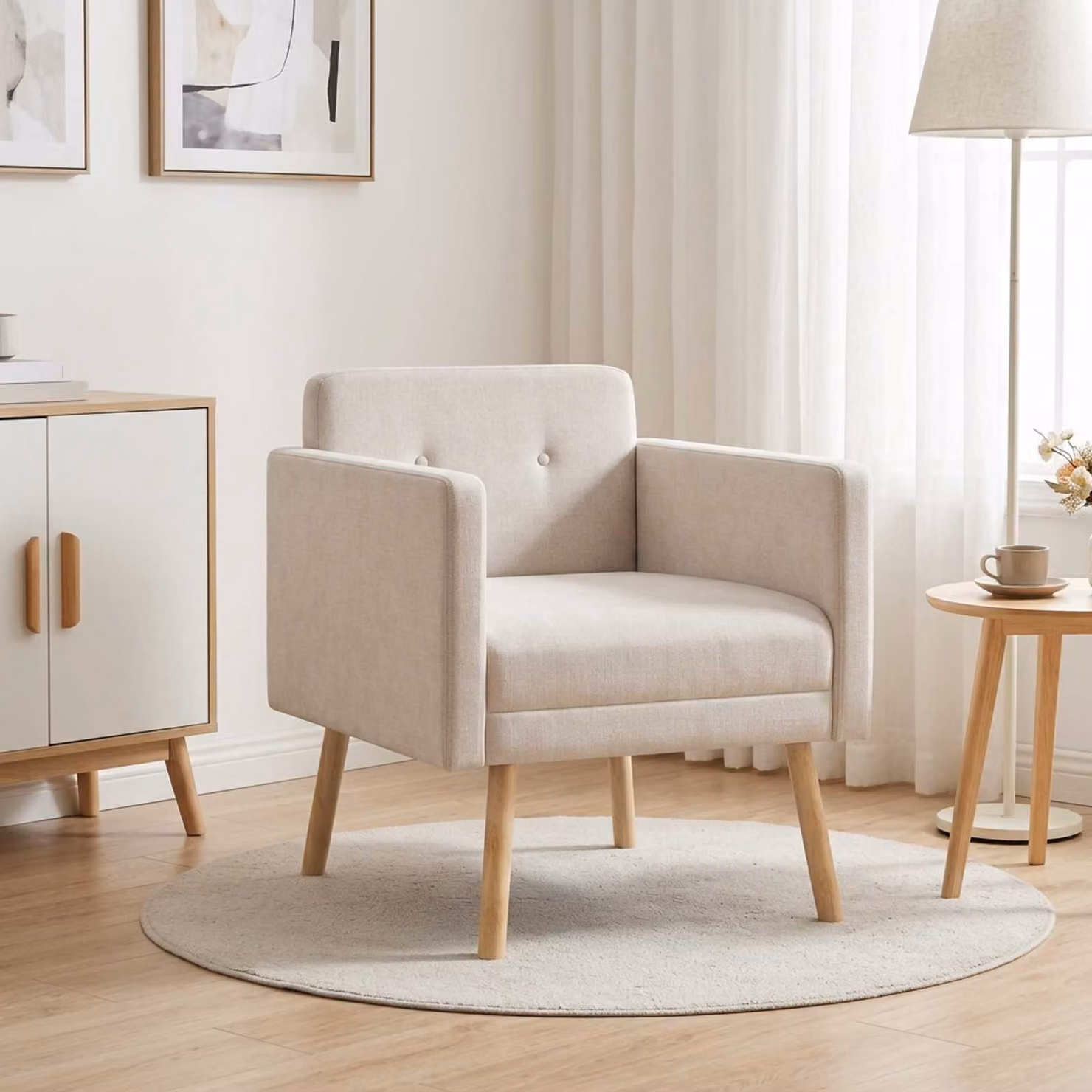 Sedia d'accento moderna vidaXL in tessuto beige con braccioli e struttura in legno e plastica