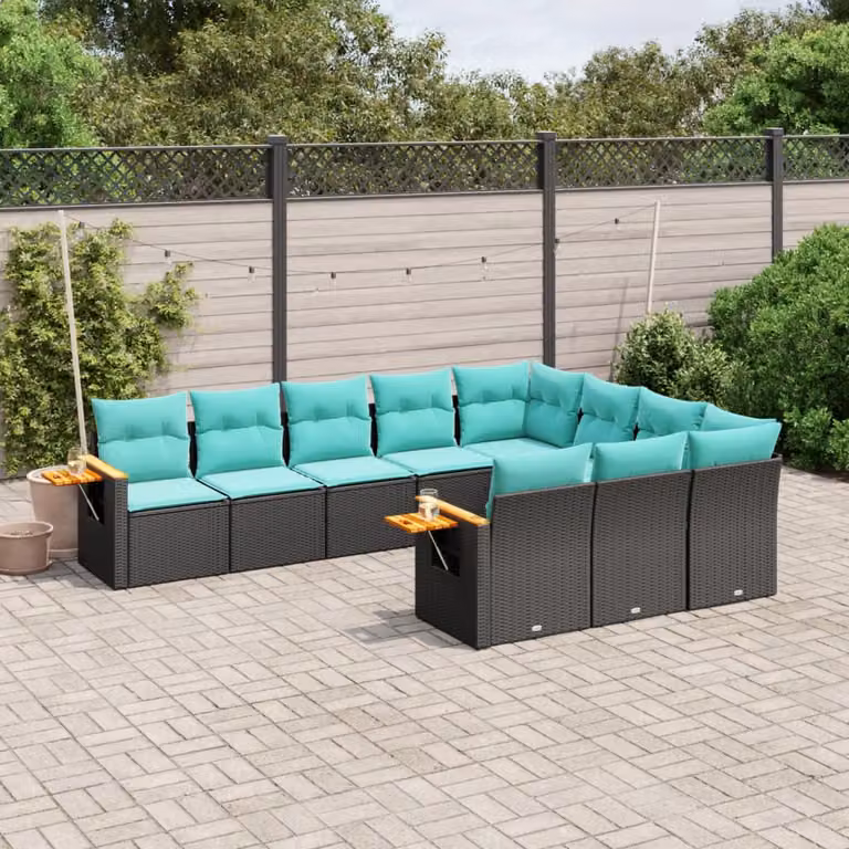 Set di divani da giardino vidaXL in polyrattan nero con cuscini e tavolino da esterno
