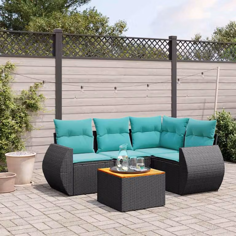 Set da giardino vidaXL in polyrattan nero con cuscini e tavolino da esterno a forma di L