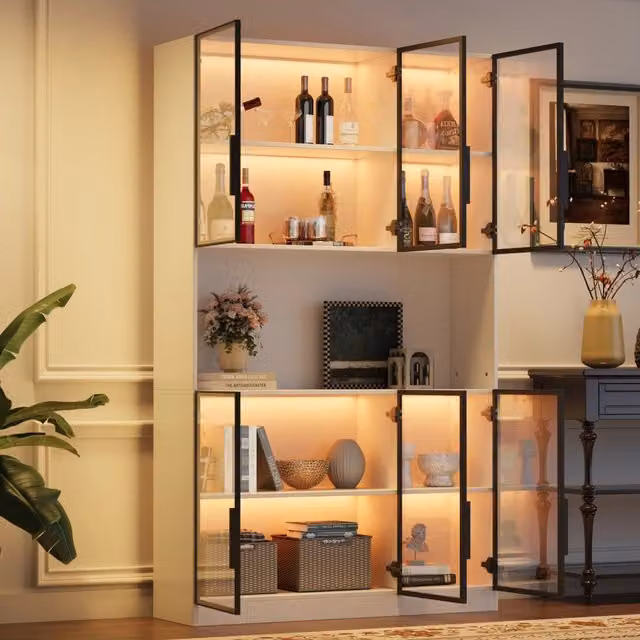 Vetrina alta 120x34x200 cm con 6 porte in vetro; LED e struttura in MDF bianco