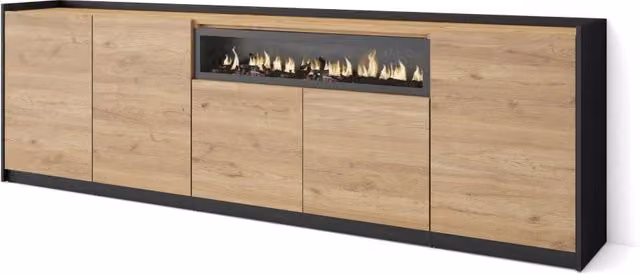 Credenza, Mobile, Cucina, 260x80x37 cm, 5 Porte, Camino elettrico, Rovere e nero