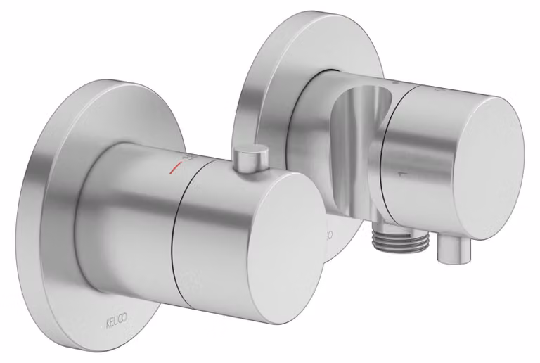 KEUCO PLAN blue Set robinetterie thermostatique à encastrer 2 voies avec raccord de flexible et support de douche, 53953061221, 53953061221