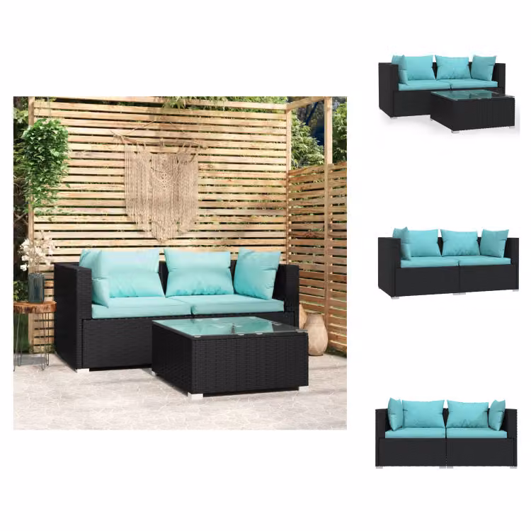 vidaXL Set di 3 pezzi da giardino con cuscini in poly rattan nero - Set di mobili da giardino