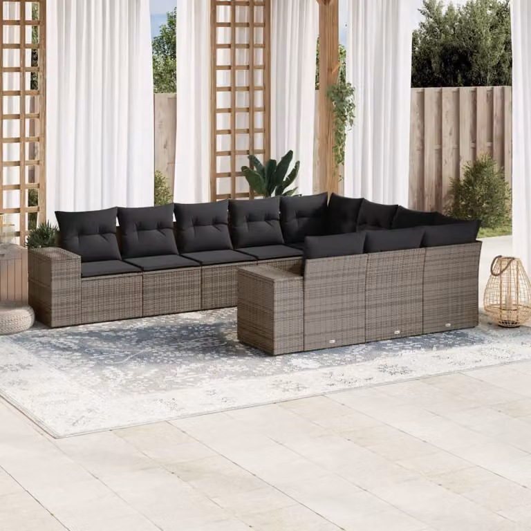 vidaXL Set Divano da Giardino a L in Polyrattan Grigio con 10 Cuscini Imbottiti