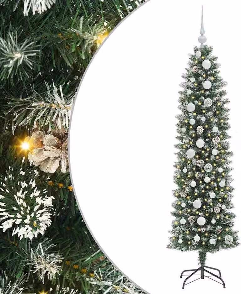 Albero di Natale Artificiale Sottile Verde e Bianco 150 cm