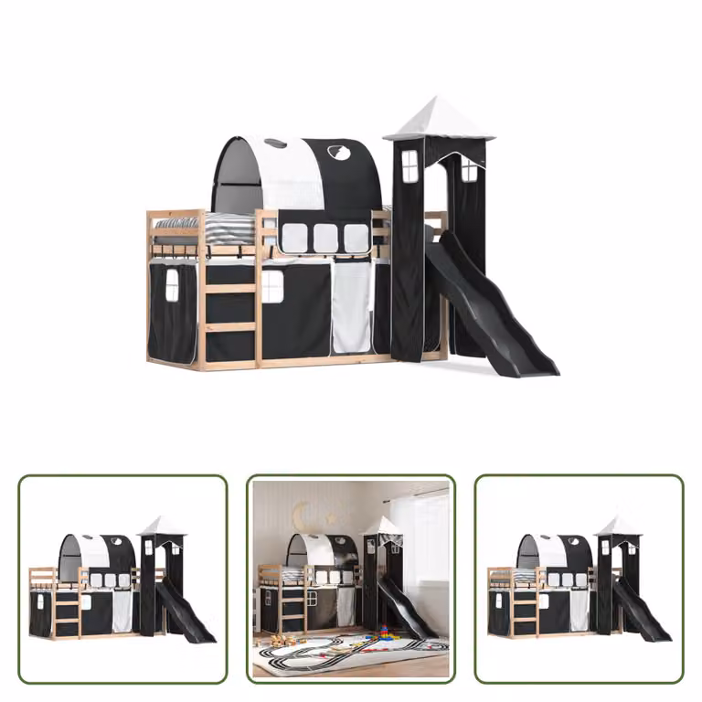 The Living Store Letto a castello con scivolo e tende bianco e nero 80x200 cm