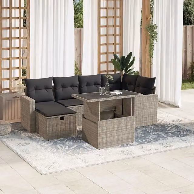 Set da giardino moderno vidaXL composto da 7 pezzi con divano a L, poltrone, pouf e tavolino da caffè in rattan grigio con cuscini inclusi – 1