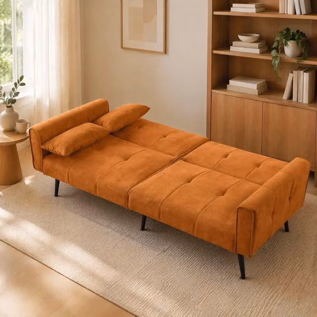 Divano letto convertibile 175x71x71 cm arancione, tessuto a coste, piedi in metallo