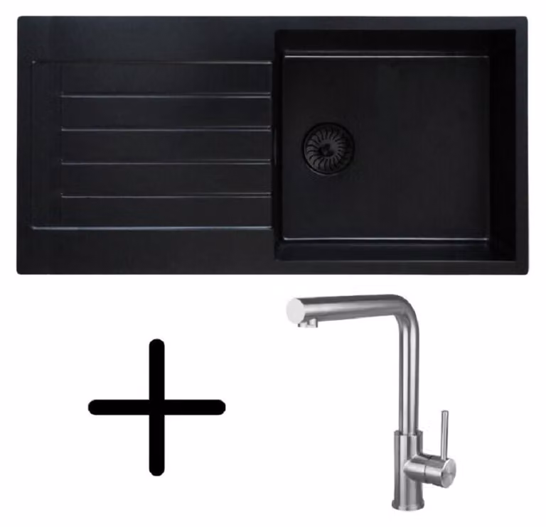 Lavello Caressi CAQPP850R10BK-EB, da incasso con rubinetto da cucina CABL003IU. Nero.