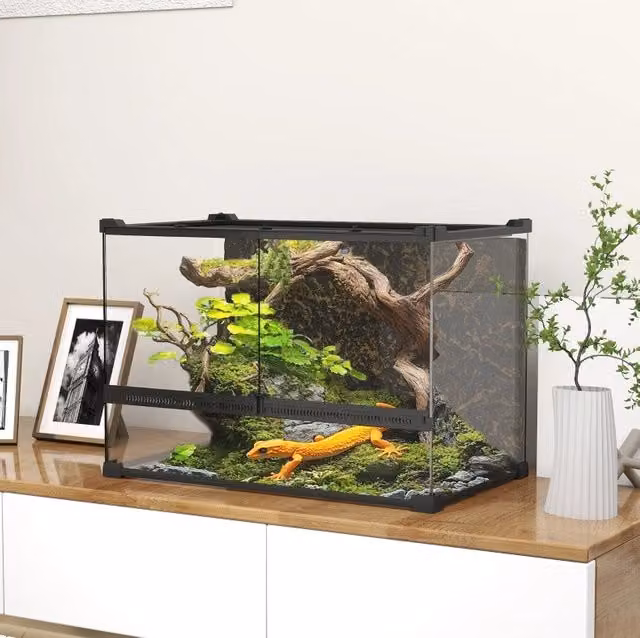 Terrario in vetro 48L per rettili con ventilazione frontale, parete posteriore effetto pietra, 50 x 30 x 35 cm nero