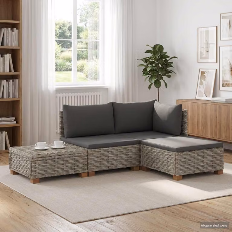 Set Lounge 4 Pezzi vidaXL GENDT in Polyrattan con Cuscini e Tavolino da Esterno, Design Moderno a L con Struttura in Legno e Cuscini Grigi