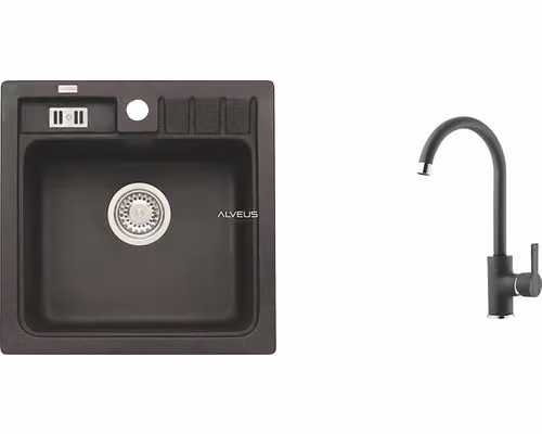 Lavello in granito con miscelatore ALVEUS Niagara 20 Carbon 91 465x465 mm + miscelatore Tonia SETA103