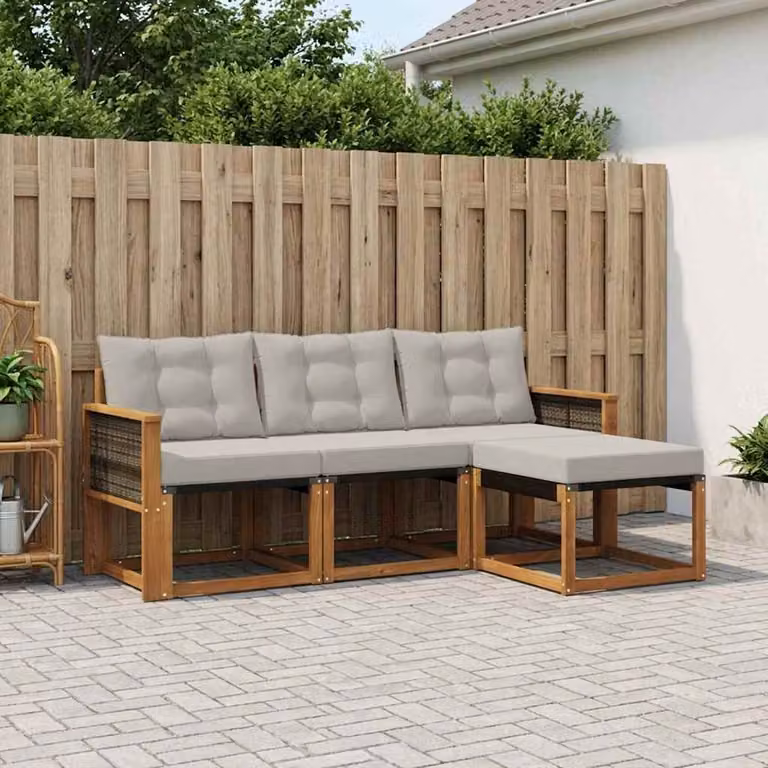 Set di divani da esterno vidaXL a forma di L composto da 4 pezzi in legno di acacia con cuscini inclusi, colore beige e grigio