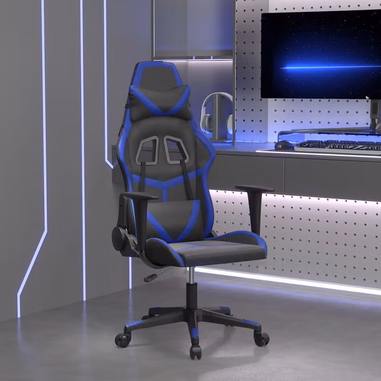 Sedia da Gaming vidaXL in Similpelle Nera e Blu con Poggiatesta e Ruote, Ruotabile a 360 Gradi