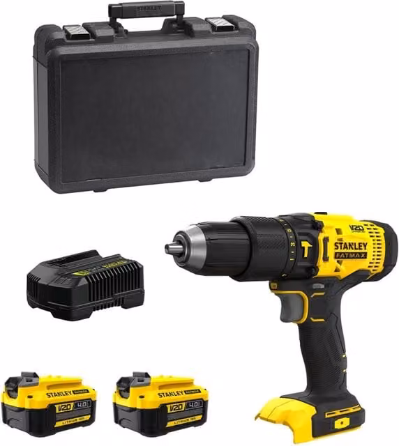 Trapano a percussione Stanley FatMax V20 SFMCD711M2K giallo con 2 batterie da 4,0 Ah, caricabatteria e valigetta