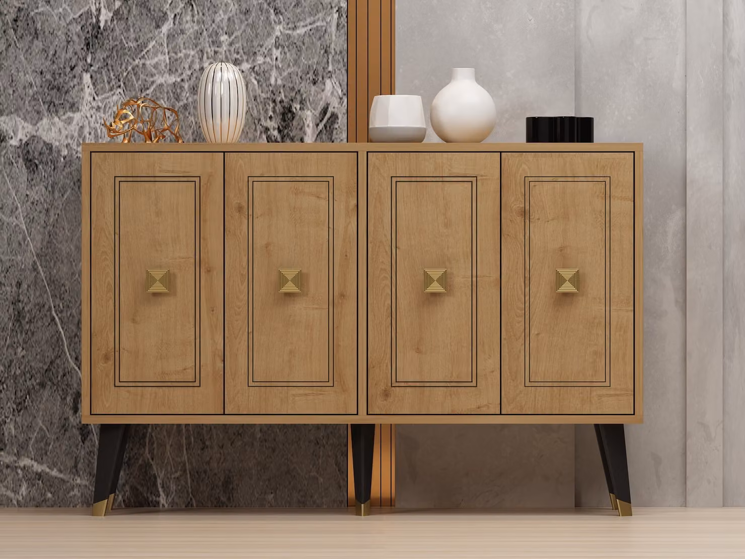 Skye Decor, Hartın - Sapphire Oak, Gold, consolle, rovere zaffiro, pannelli truciolari rivestiti al 100% in melamina, 120 x 30 x 80 cm