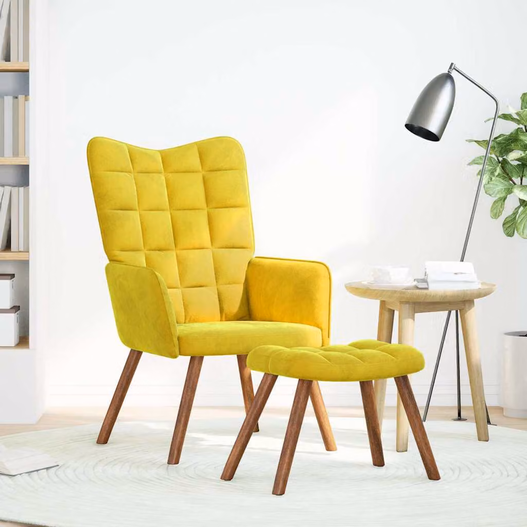 Poltrona Relax con Sgabello in Velluto Giallo