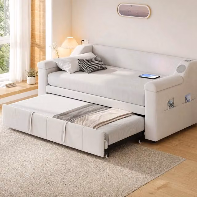 Divano letto 90x190 cm beige in velluto con Bluetooth e vani portaoggetti