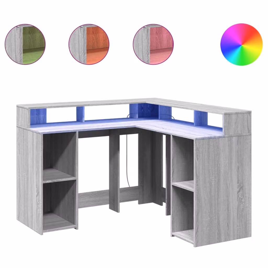Scrivania con Luci LED Grigio Sonoma 130x130x91cm in Truciolato