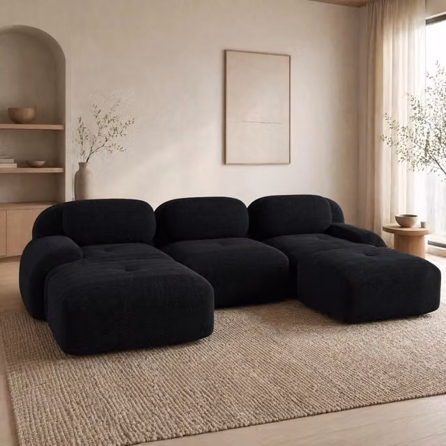 Divano modulare a U 298x178x70 cm in velluto a coste nero, senza montaggio, per soggiorni –
