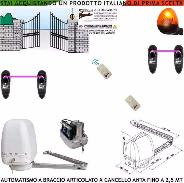 CANCELLO ELETTRICO KIT MOTORE A BRACCIO ARTICOLATO 220/24 V ANTA BATTENTE DA 0,5 A 2,5 MT CENTRALE 2 RADIOCOMANDI FARO 2 FOTOCELLULE