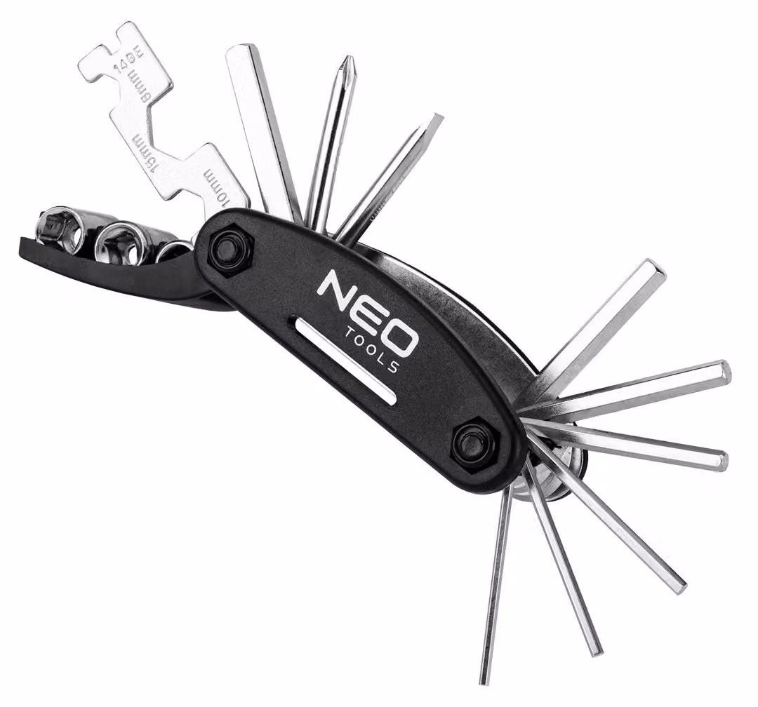 NEO TOOLS Multitool per bicicletta: attrezzo multifunzione 16 in 1 in acciaio inossidabile. Set compatto di attrezzi per bicicletta con chiavi a Esagono