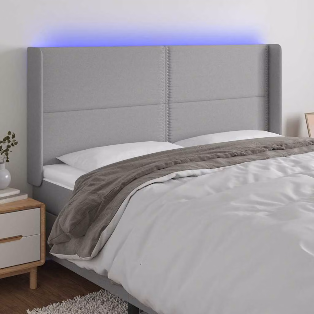 Testiera per letto vidaXL in tessuto grigio con illuminazione LED e porta USB, L: 183 cm, P: 16 cm, H: 118/128 cm