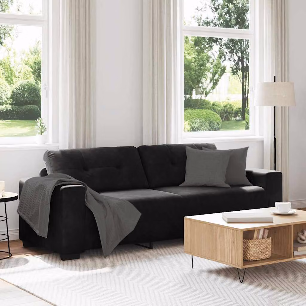 vidaXL Divano a 3 posti moderno in velluto nero L: 220 cm, P: 78 cm, H: 80 cm
