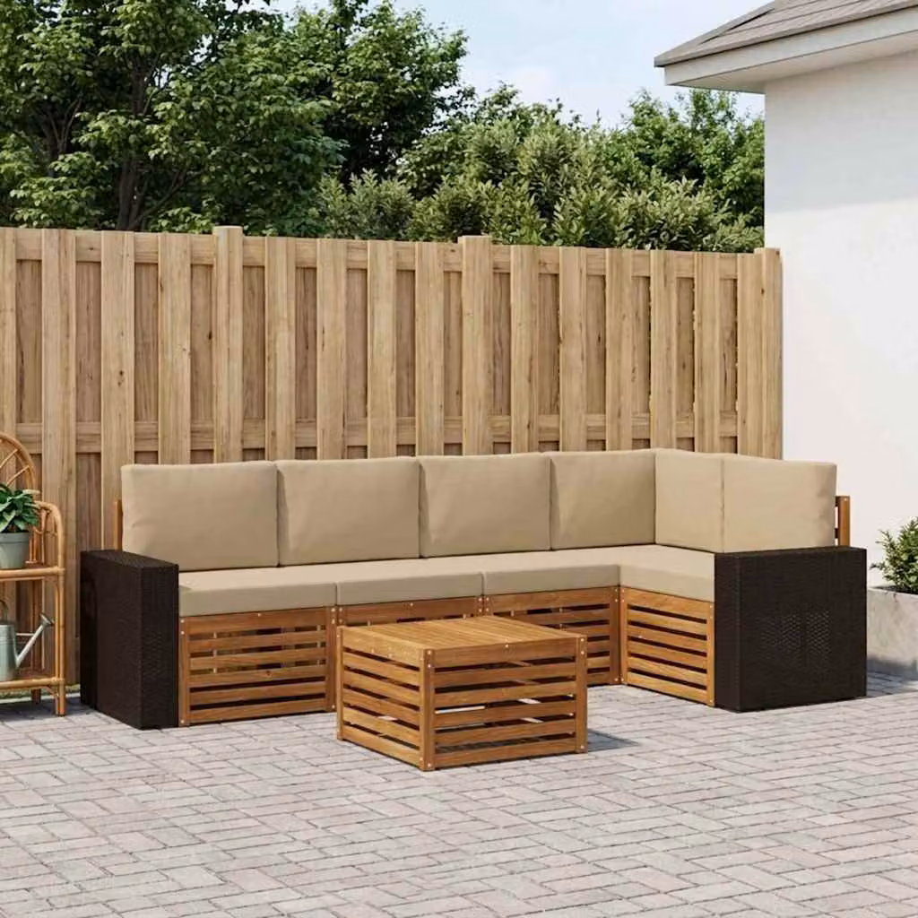 Set di divani da esterno vidaXL 6 pz a forma di L in legno di acacia con tavolino e cuscini, Beige e Marrone