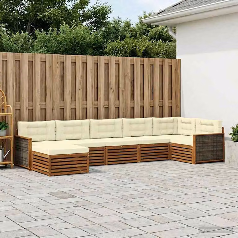 Set di divani da esterno vidaXL 7 pz in legno di acacia con cuscini, forma a L, beige e marrone