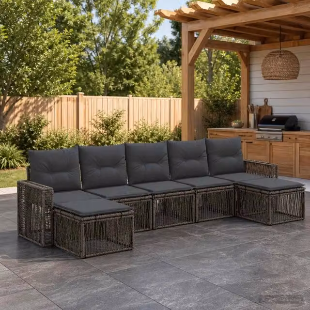 Set Divano da Giardino vidaXL a L in Polyrattan con 7 Pezzi, Grigio e Nero con Cuscini e Coperture Rimovibili – 1