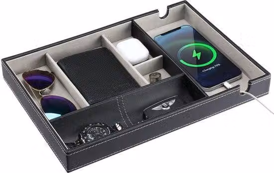 Portaoggetti da scrivania con 6 scomparti in Pelle finta, in PU, per smartphone, orologio, chiavi, portafoglio, nero