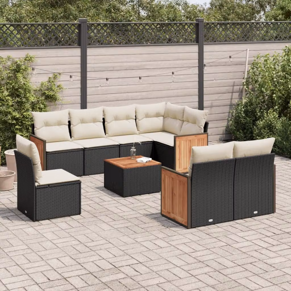 vidaXL Set Divani da Giardino 9 pz in Polyrattan Nero con Cuscini e Tavolino da Esterno a Forma di L – 1