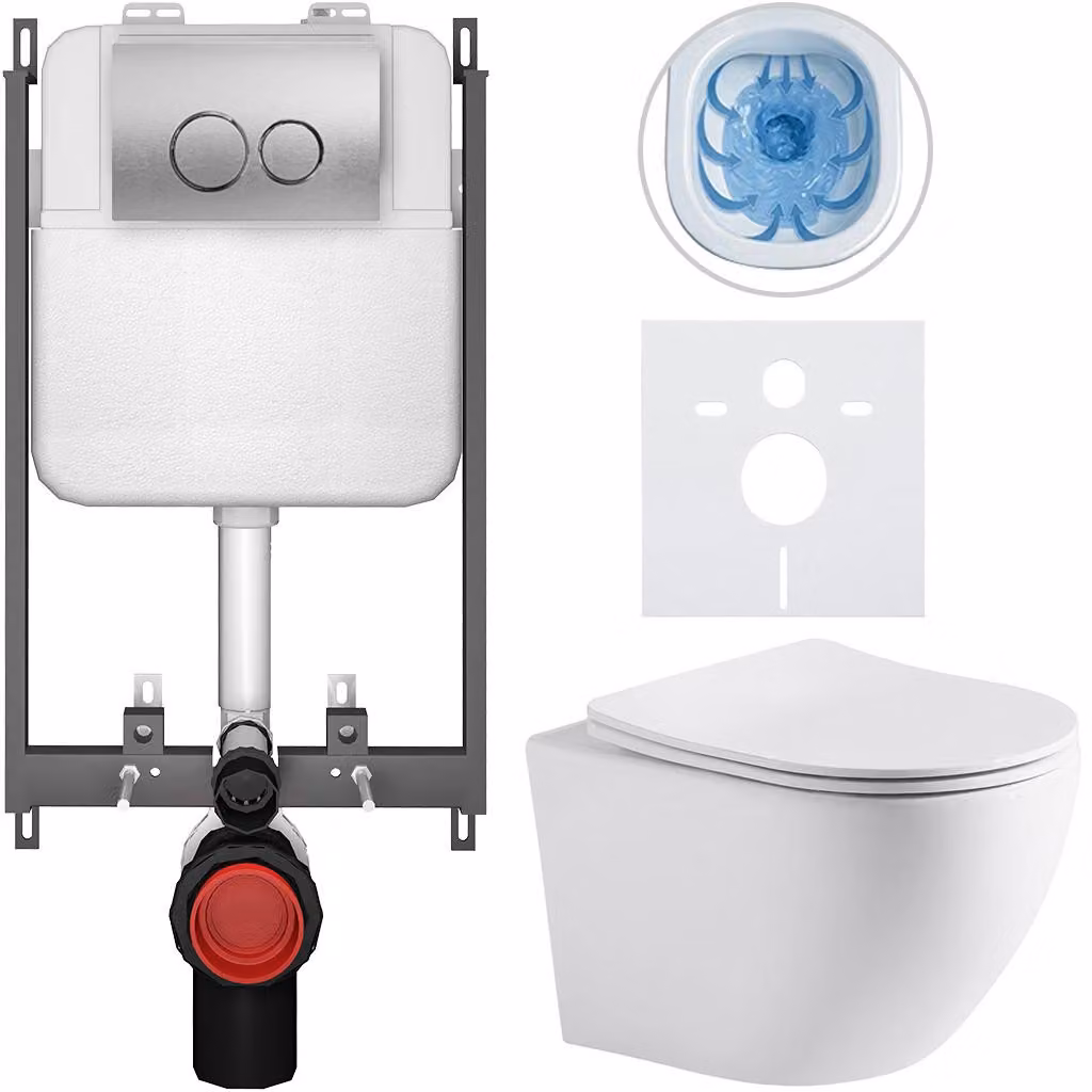 Set completo per WC a pavimento "Cesso" - bianco opaco - pulsante Prime/Dualo, argento - da incasso - 49x36 cm
