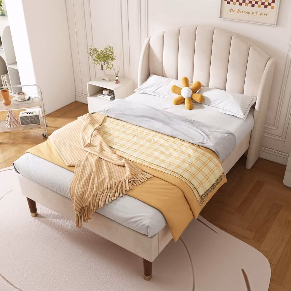 Letto imbottito AIORBER, 90x200cm, velluto, con rete a doghe e testata imbottita, letto singolo, con robusti piedini da 20 cm, supporto in legno, stabilità, beige