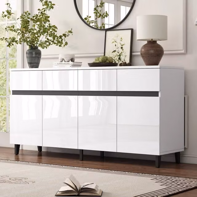 Credenza Mivray moderna con 4 cassetti e 2 ante con ripiani regolabili, finitura lucida bianca, L: 160 cm, P: 40 cm, H: 68 cm – 1