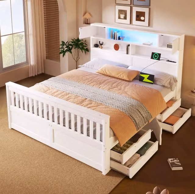 Letto piattaforma 160x200 cm con testiera libreria; LED e 4 cassetti; bianco
