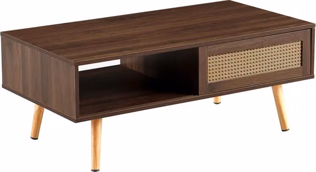 Tavolino da soggiorno in rattan con ante scorrevoli, gambe in legno massello, effetto noce scuro H40xL105xP55 cm