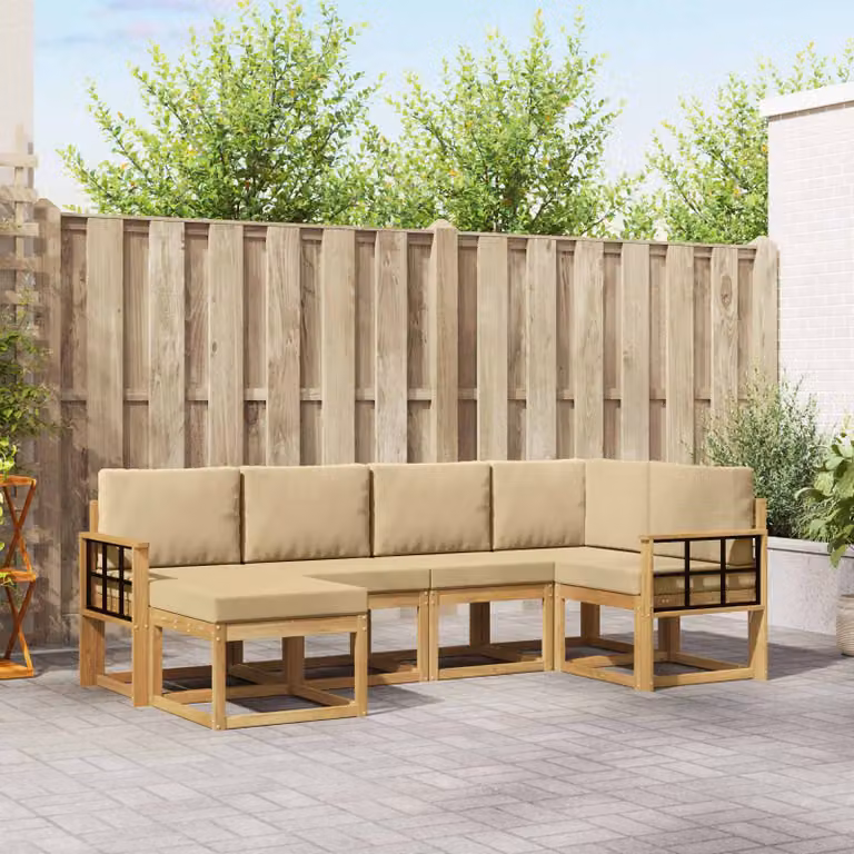 Set di divani da esterno vidaXL a forma di L composto da 6 pezzi in legno di acacia con cuscini, colore bianco e beige
