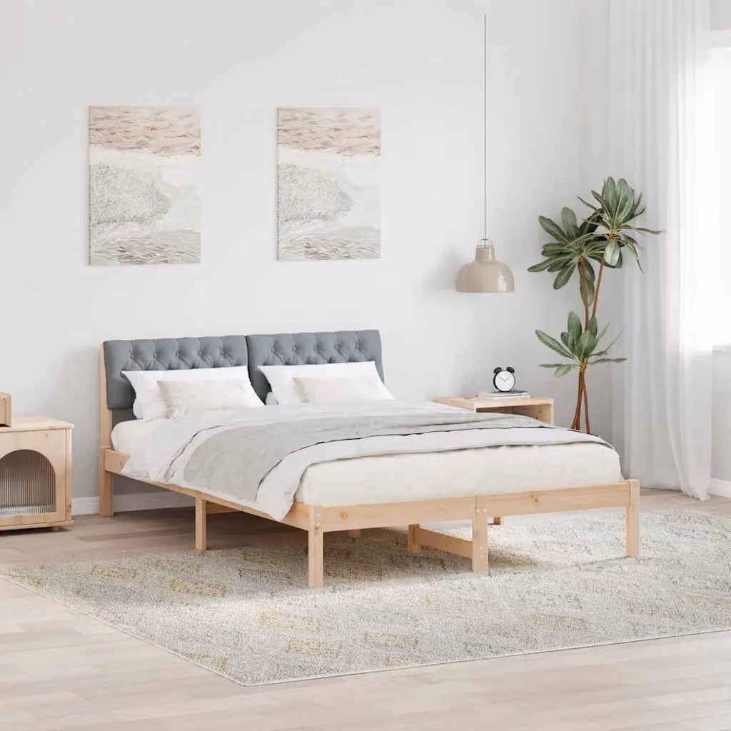 Struttura del letto moderna vidaXL in legno di pino con tessuto, marrone e grigio chiaro, L 160 x P 200 cm – 1