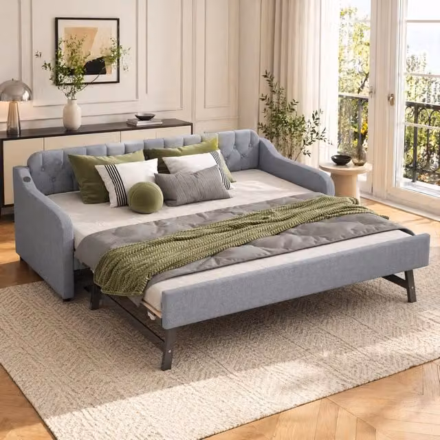Divano letto grigio 90x200 cm con letto estraibile e porta USB