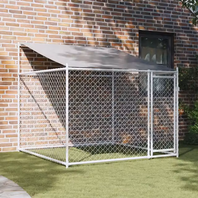 Gabbia per cani vidaXL in acciaio zincato grigia con tetto e porta L: 2 m, P: 2 m, H: 2 m