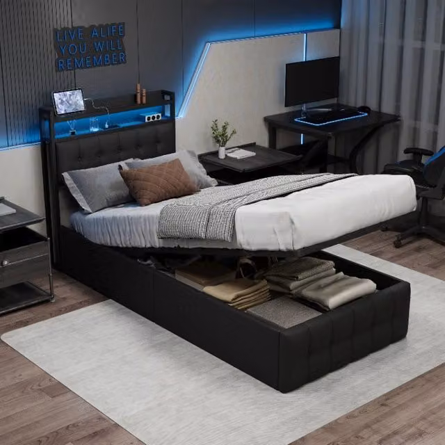 Letto Contenitore Singolo 90x200 cm; Letto imbottito con LED e USB; Letto idraulico con Rete a doghe e Testiera con Contenitore; PU; Nero