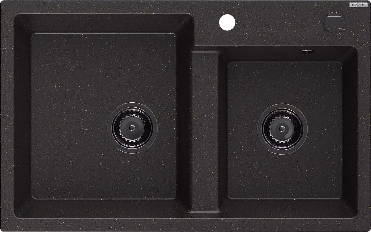 Mexen Tomas lavello in granito a 2 vasche 800 x 500 mm, nero/oro metallizzato, sifone nero - 6516802000-75-B